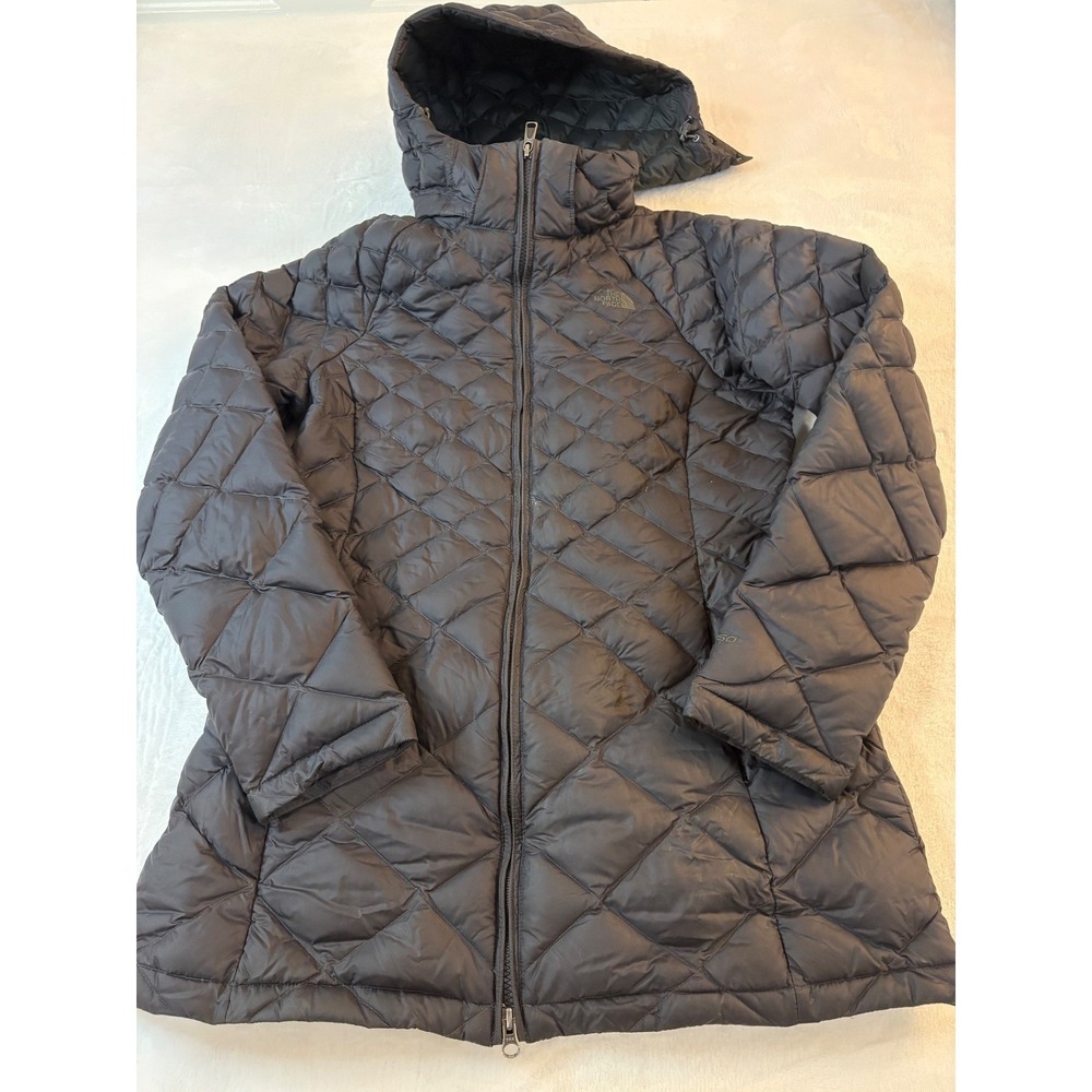 The North Face 550 Fill Down Quilted Parka Jacket Womens M Black Hooded Long‎
